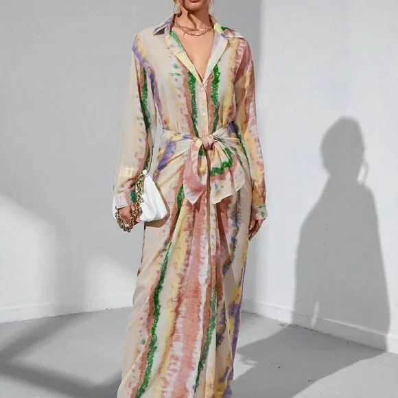 Multicolor Casual Womens Allover Print Shirt & Tie Front Skirt - Picture 3 of 5